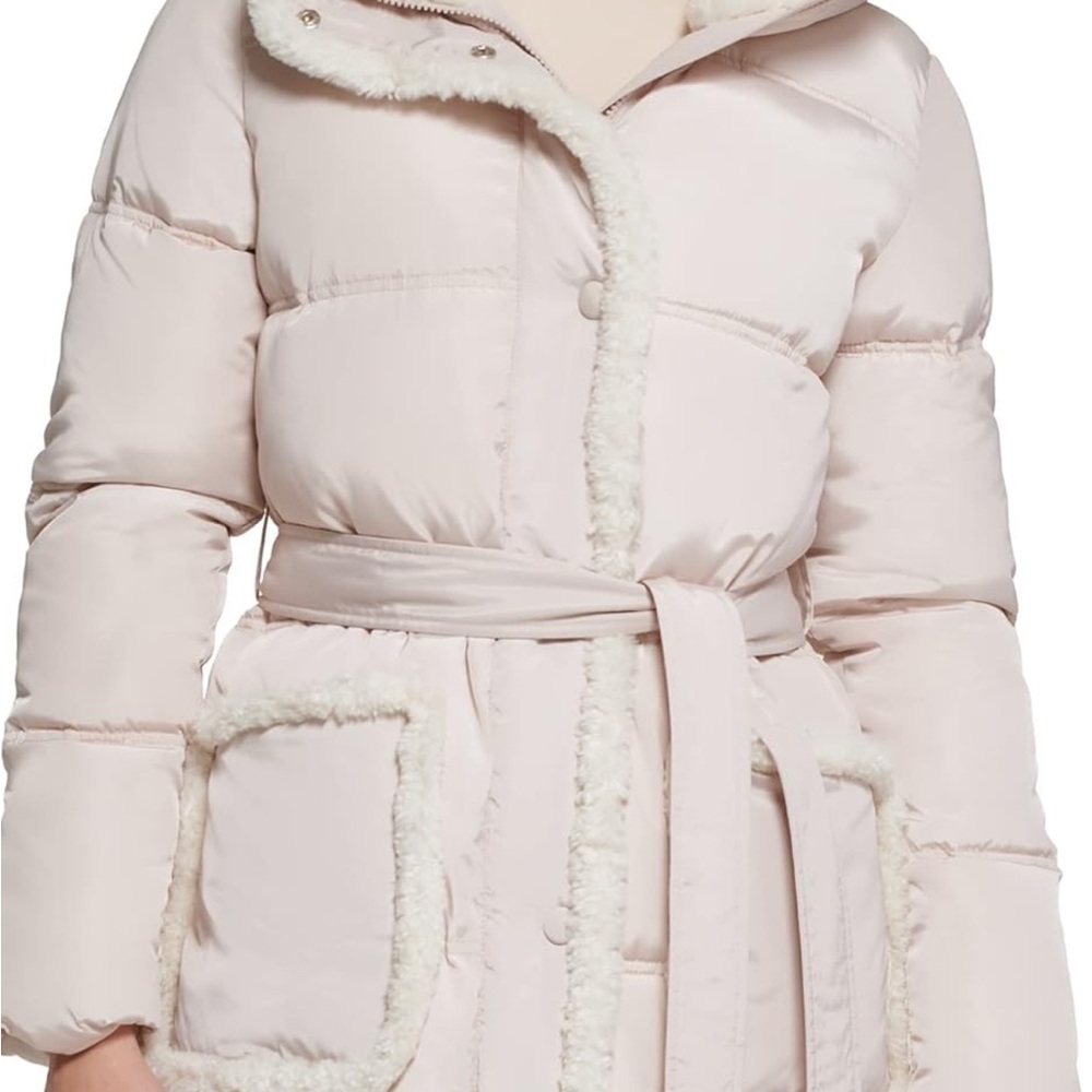SNOW READY!!!  Sherpa Trim, Birch/off white, Thick “Puffer Jacket”with Faux Fur!